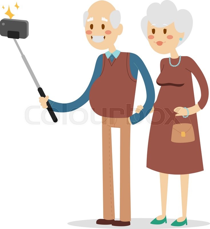 735x800 Selfie Photo Shot Grandpa And Grandma Vector Portrait Illustration