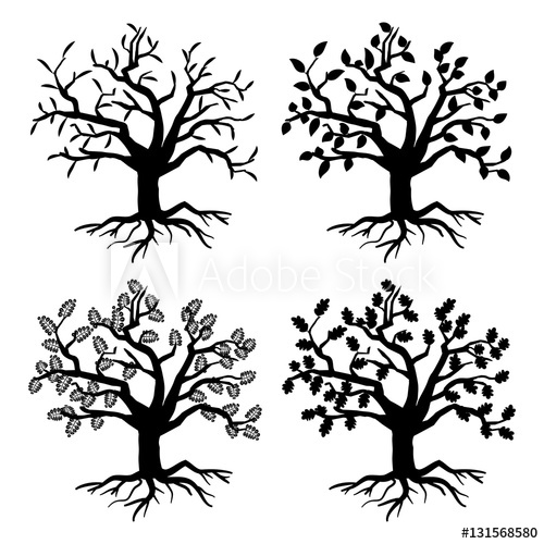 500x500 Park Old Trees. Vector Tree Silhouettes With Roots And Leaves