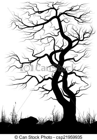 326x470 Silhouette Of Old Tree And Grass Over White Background. Black And
