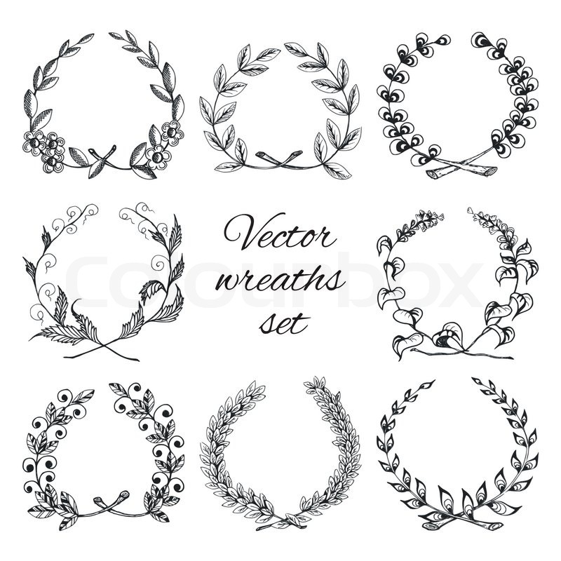 800x800 Sketch Hand Drawn Traditional Winning Laurel Branch Wreaths Set
