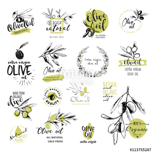 500x500 Set Of Hand Drawn Watercolor Stickers And Badges Of Olive Oil