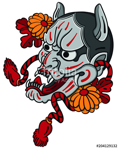 400x500 Hand Drawn Oni Mask With Cherry Blossom And Peony Flower.japanese