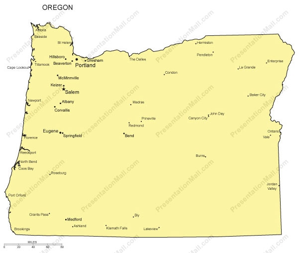 601x508 Oregon Outline Map With Capitals Major Cities Digital Vector