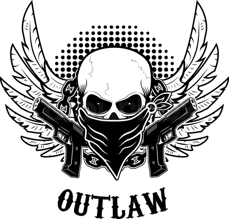 800x766 Outlaw T Shirt Print Design Template. Skull With Two Guns. Vector
