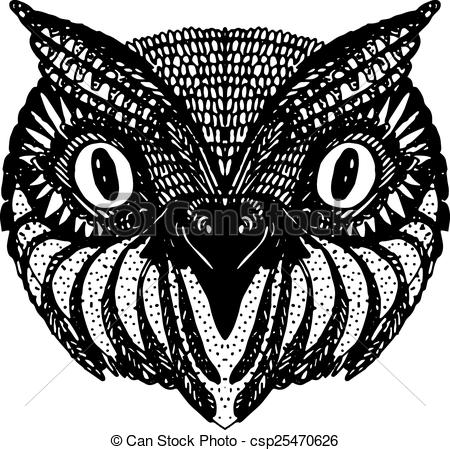 450x450 Owl Head. Doodle Hand Drawn On White Background. Vector.