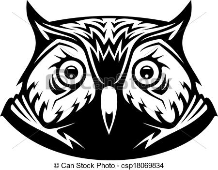450x351 Wise Old Owl. Black And White Vector Illustration Of The Head A