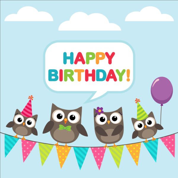 600x600 Happy Birthday Card And Cute Owls Vector 03 Free Download