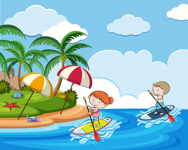 626x500 Doodle Kids On Holiday With Stand Up Paddle Board Vector Premium