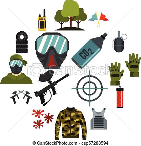 450x466 Paintball Icons Set, Flat Style. Paintball Icons Set. Flat