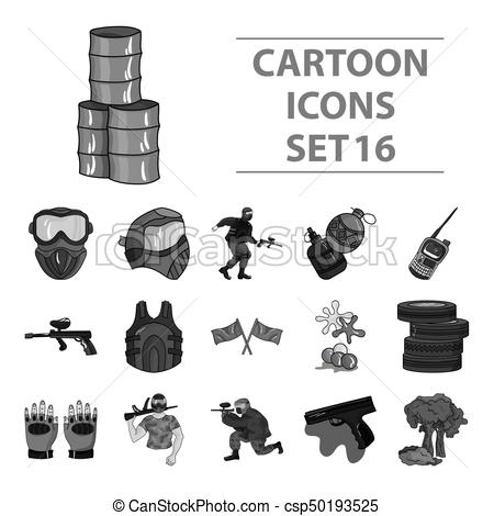 450x470 Paintball Set Icons In Monochrome Style. Big Collection Of