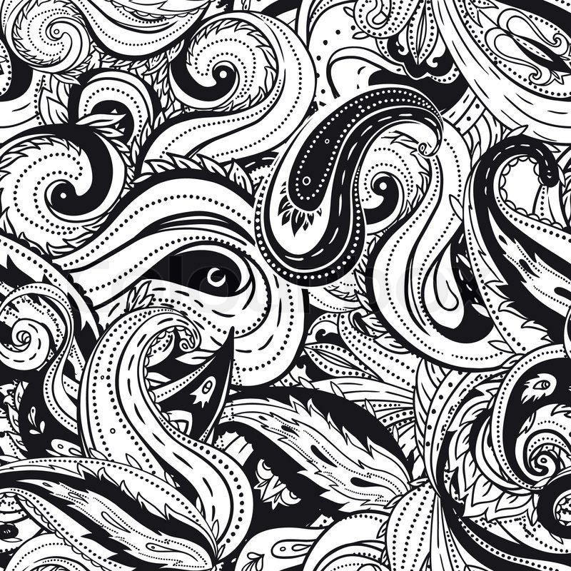 800x800 Floral Paisley Indian Black And White Seamless Pattern Stock