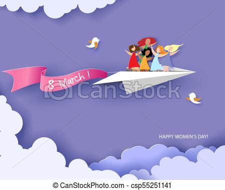 450x379 Happy Women Flying On Paper Airplane. Card For 8 March Womens Day