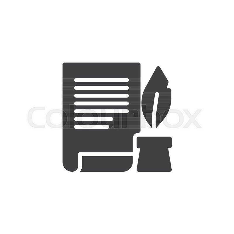 800x800 Ink Feather Pen And Scroll Paper Icon Vector, Filled Flat Sign