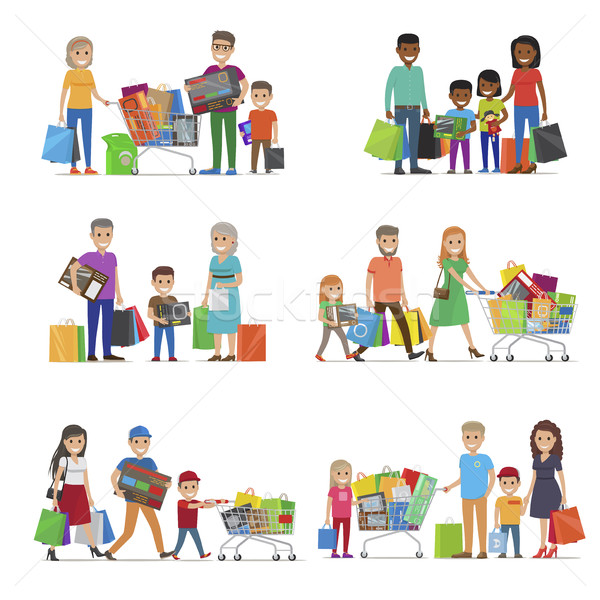 600x600 Family Out On Shopping Set. Children And Parents Vector