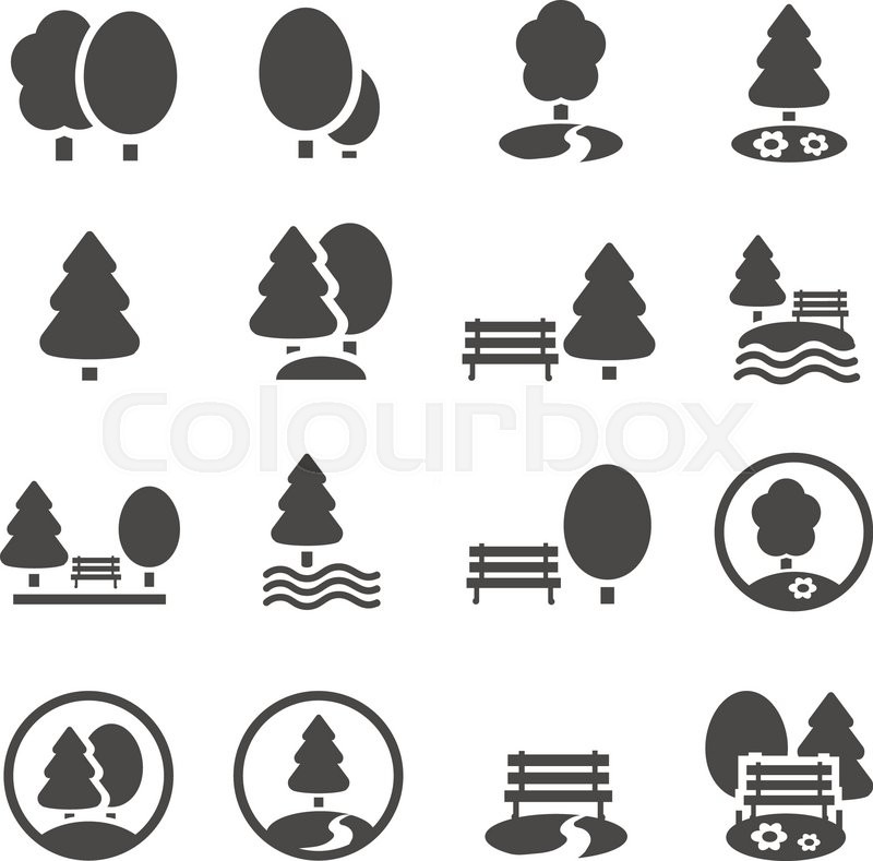 800x789 Park Icon Set. Trees, Forest And Bench Vector Icons Stock Vector