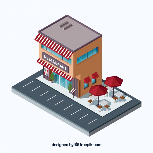 626x626 Isometric Restaurant With Parking Lot And Terrace Vector Free