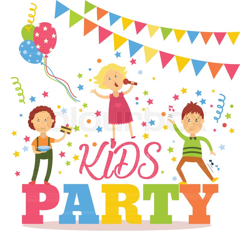 800x800 Kids Party Banner, Poster With Children Signing, Dancing, Eating