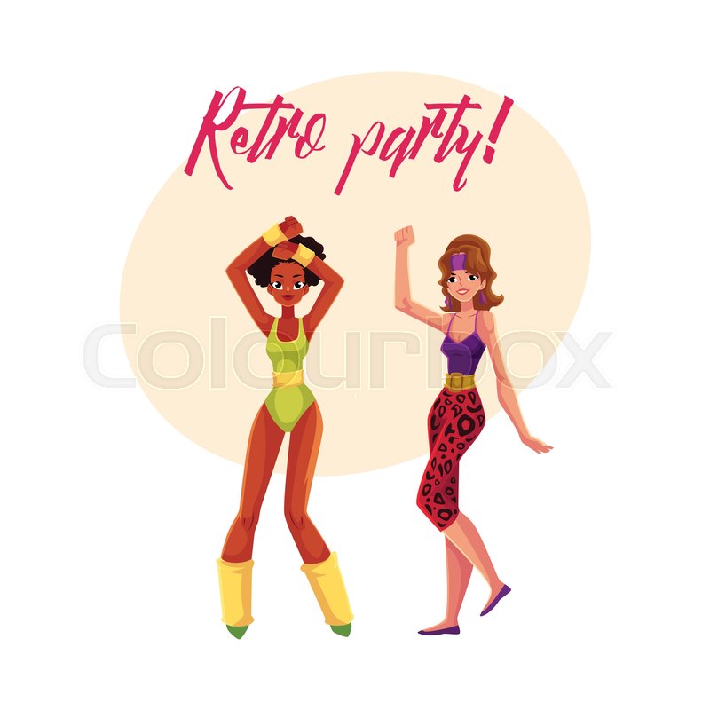 800x800 Retro Disco Party Banner, Invitation With Two Girls In 1980s Style