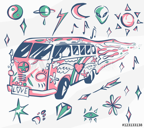 500x442 Love Bus Vector Poster. Hippie Car, Mini Van With Different