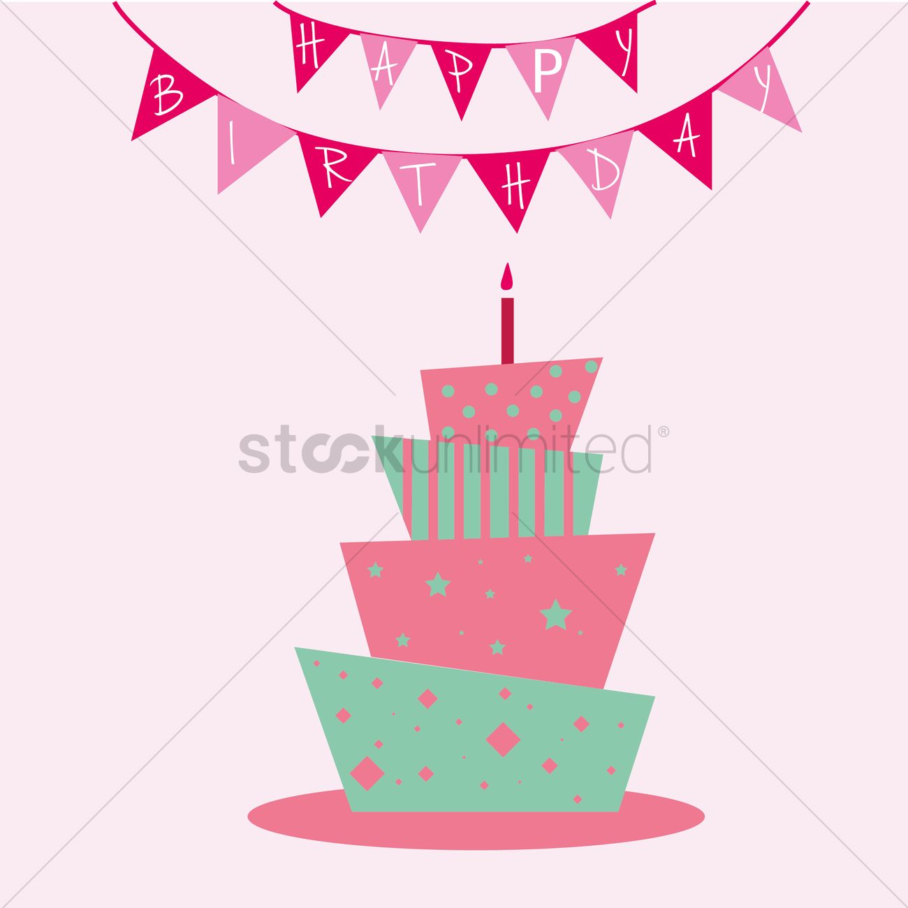 1300x1300 Tiered Birthday Cake With Happy Birthday Party Flags Vector Image