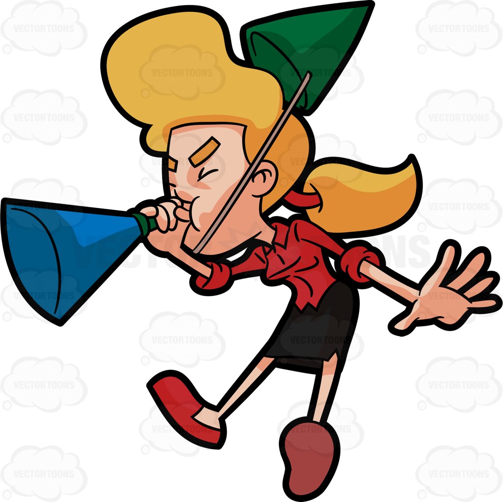 1024x1022 A Woman Blowing A Big Party Horn In Excitement Clipart By Vector