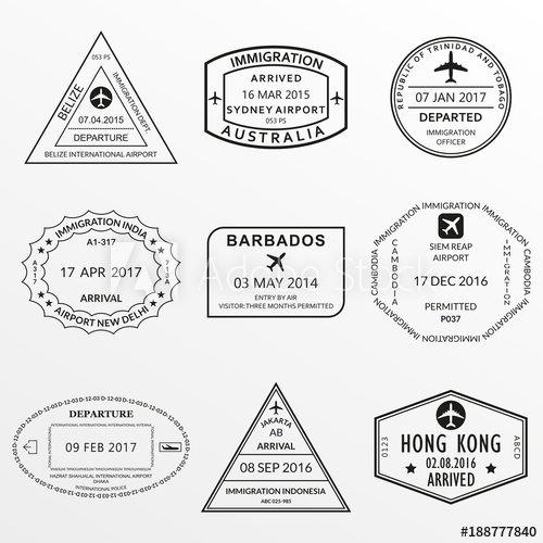 500x500 Passport Stamp Set. International Airport Visa And Custom Stamps