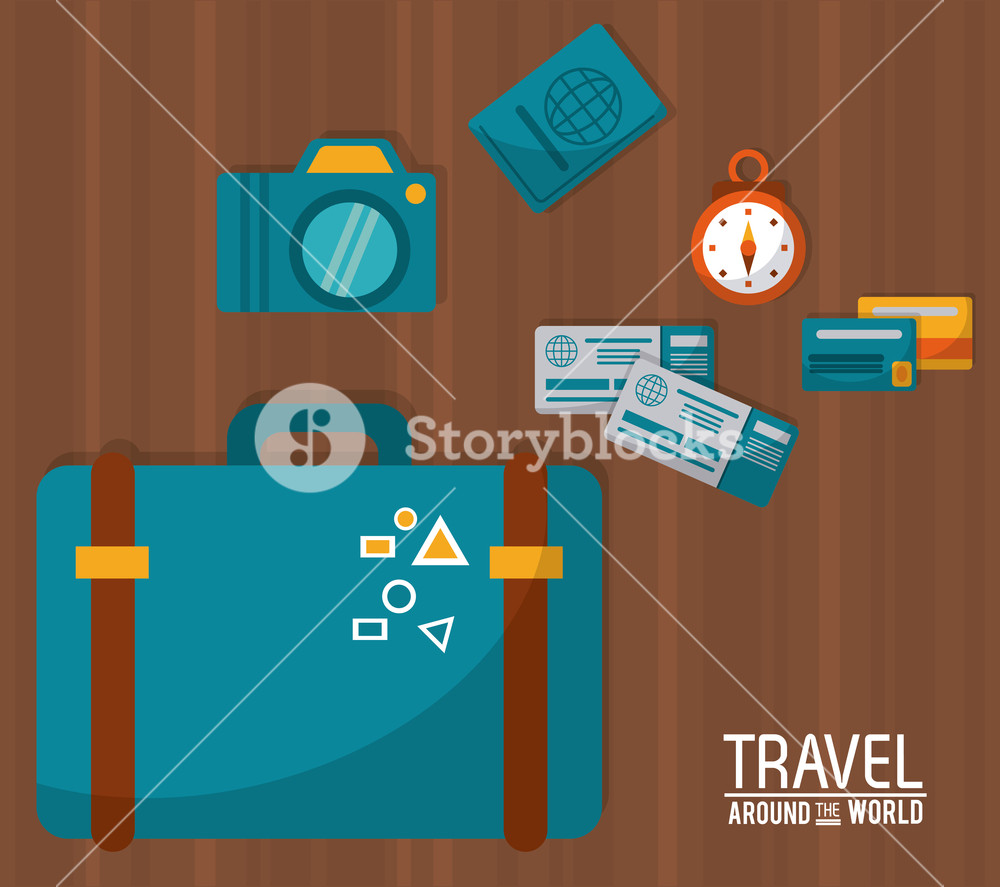 1000x887 Travel Around The World. Blue Suitcase Tickets Credit Card Camera