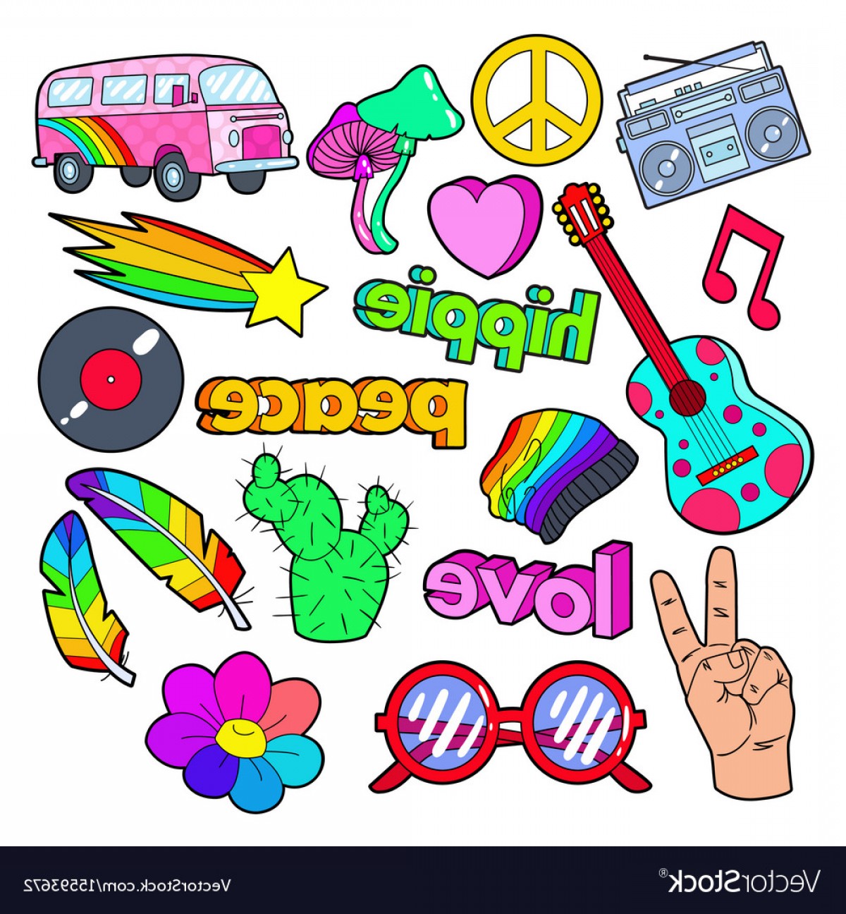 1200x1296 Hippie Lifestyle Doodle With Pink Van Peace Vector Orangiausa