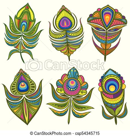 450x470 Decorative Ethnic Peacock Feathers Vector Set Isolated. Bird