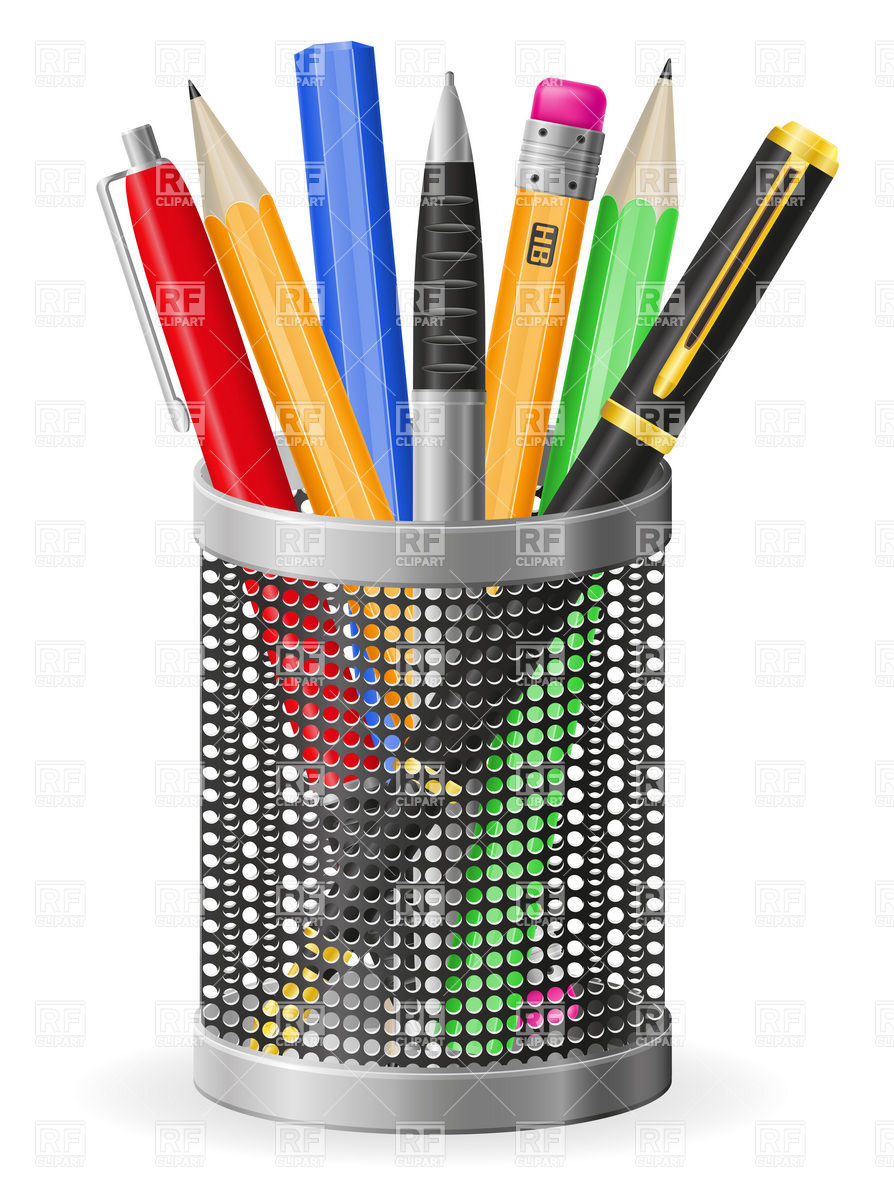 894x1200 Pens And Pencils In Cylindrical Pencil Case Vector Image Vector