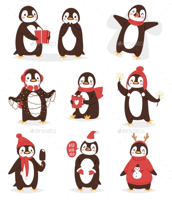 590x688 Christmas Cute Penguin Vector Character Cartoon By Pantimetrok