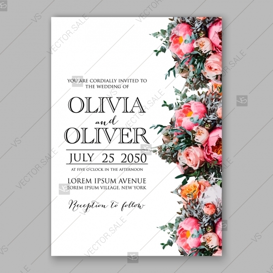 540x540 Pink Peony Wedding Vintage Invitation Vector Card Template