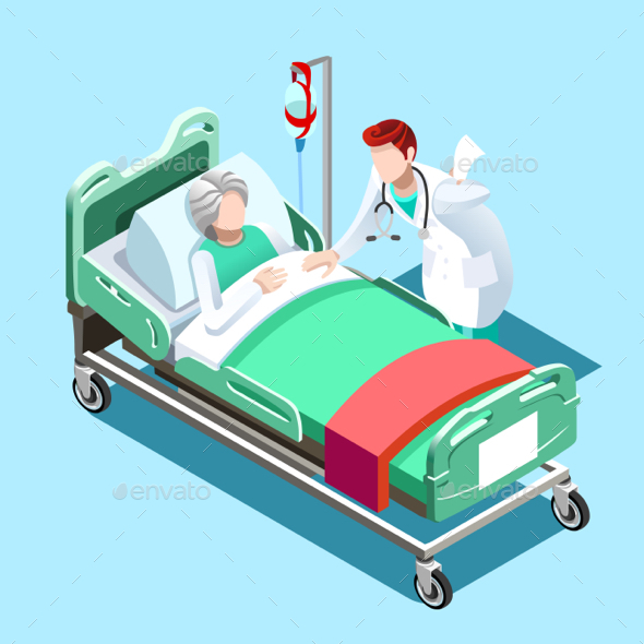 590x590 Medical Patient Bed And Doctor Talking Vector Isometric People By