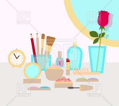 400x356 Make Up Table With Cosmetics, Mirror, Rose And Perfume Vector