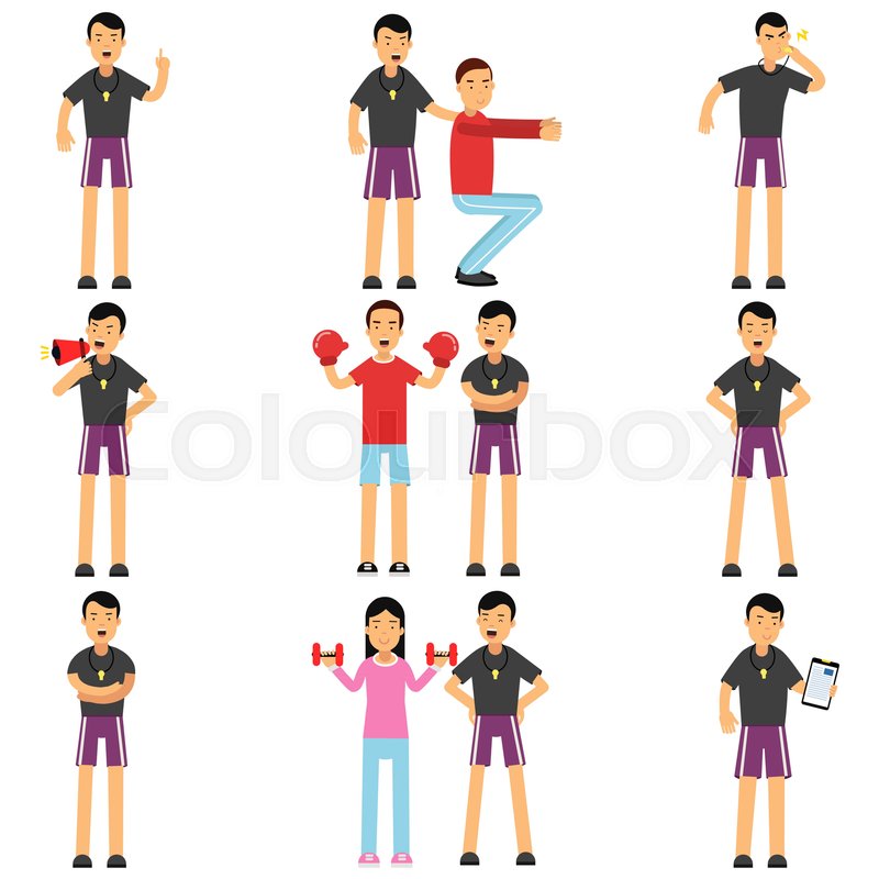 800x800 Personal Fitness Trainer Cartoon Characters Set. Instructor