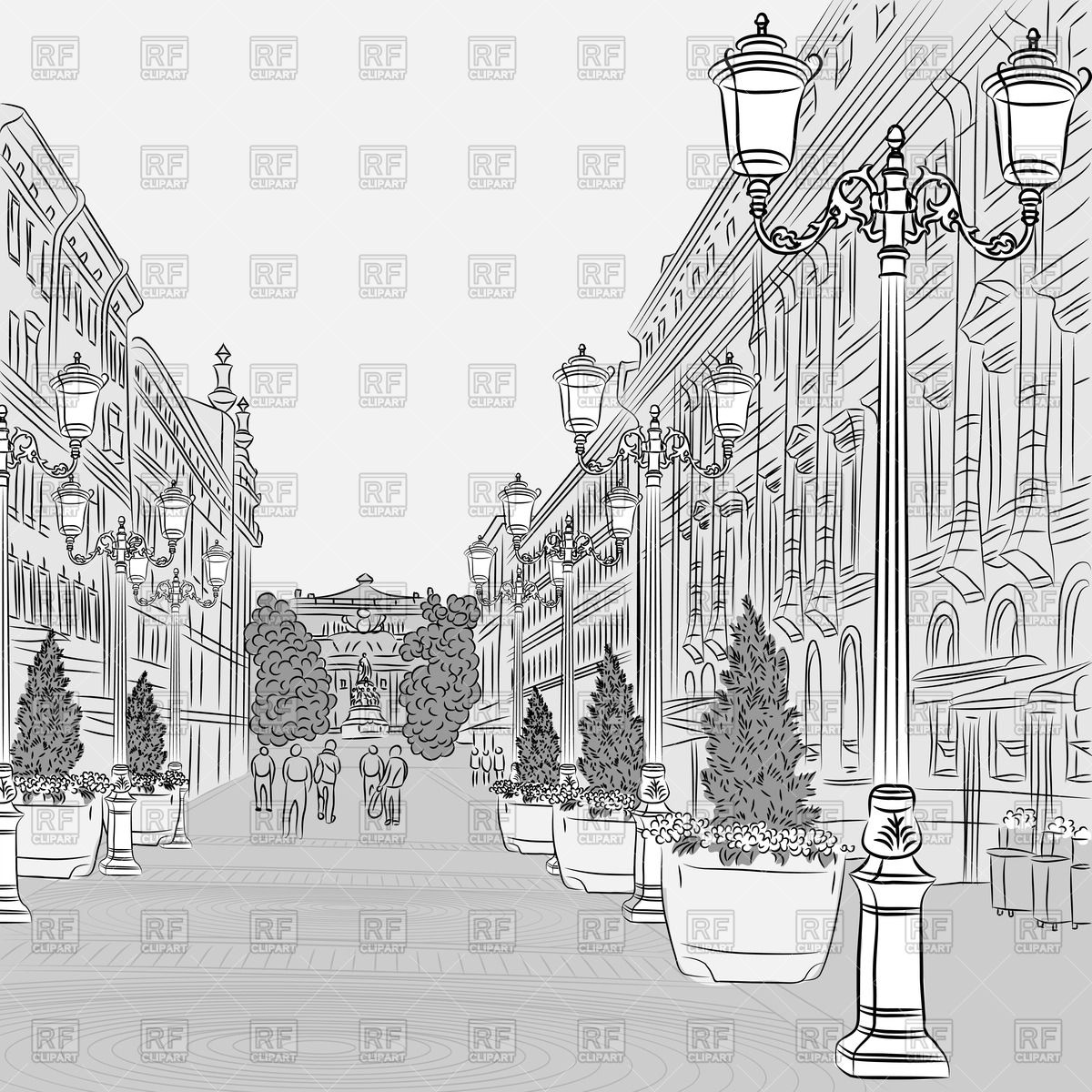 1200x1200 Sketch Of Cityscape In Perspective Vector Image Vector Artwork