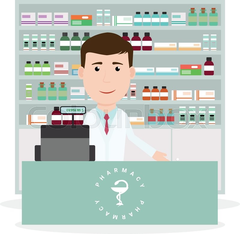 800x779 Modern Flat Vector Illustration Of A Male Pharmacist Standing Near