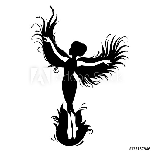 500x500 Black Silhouette Of Woman Phoenix Bird. Red Fenix. Symbol Of