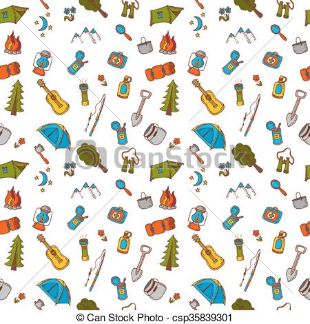 450x470 Hand Drawn Camping And Hiking Seamless Pattern In Color. Doodle