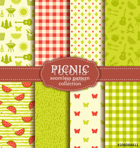 472x500 Summer Picnic. Seamless Patterns. Vector Set. Stock Image And