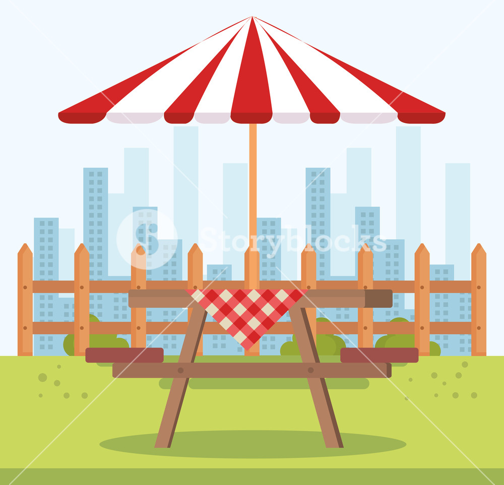1000x963 Picnic Table With Umbrella Outdoor Scene Vector Illustration