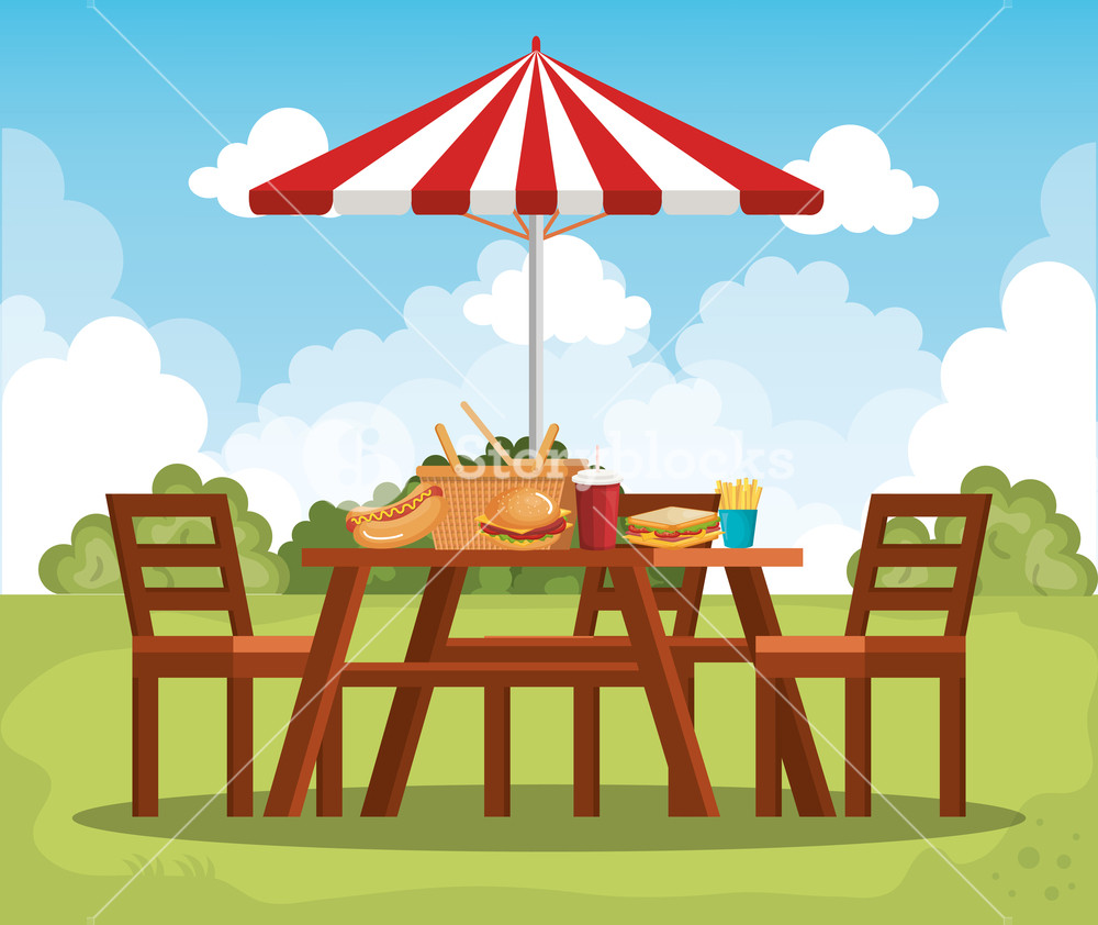 1000x842 Picnic Table With Umbrella Scene Vector Illustration Design