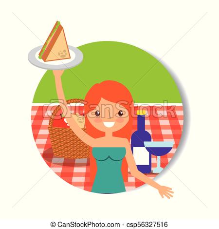 450x470 Happy People Picnic. Young Woman Holding Sandwich In Picnic
