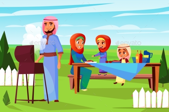 590x393 Arabian Family Barbecue Picnic Vector Illustration By Vectorpouch