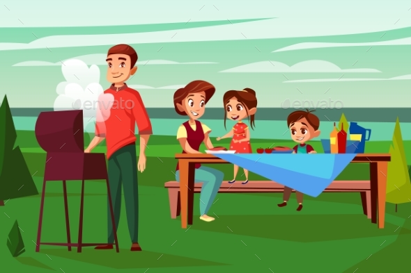 590x393 Family Barbecue Picnic Vector Cartoon Illustration By Vectorpouch