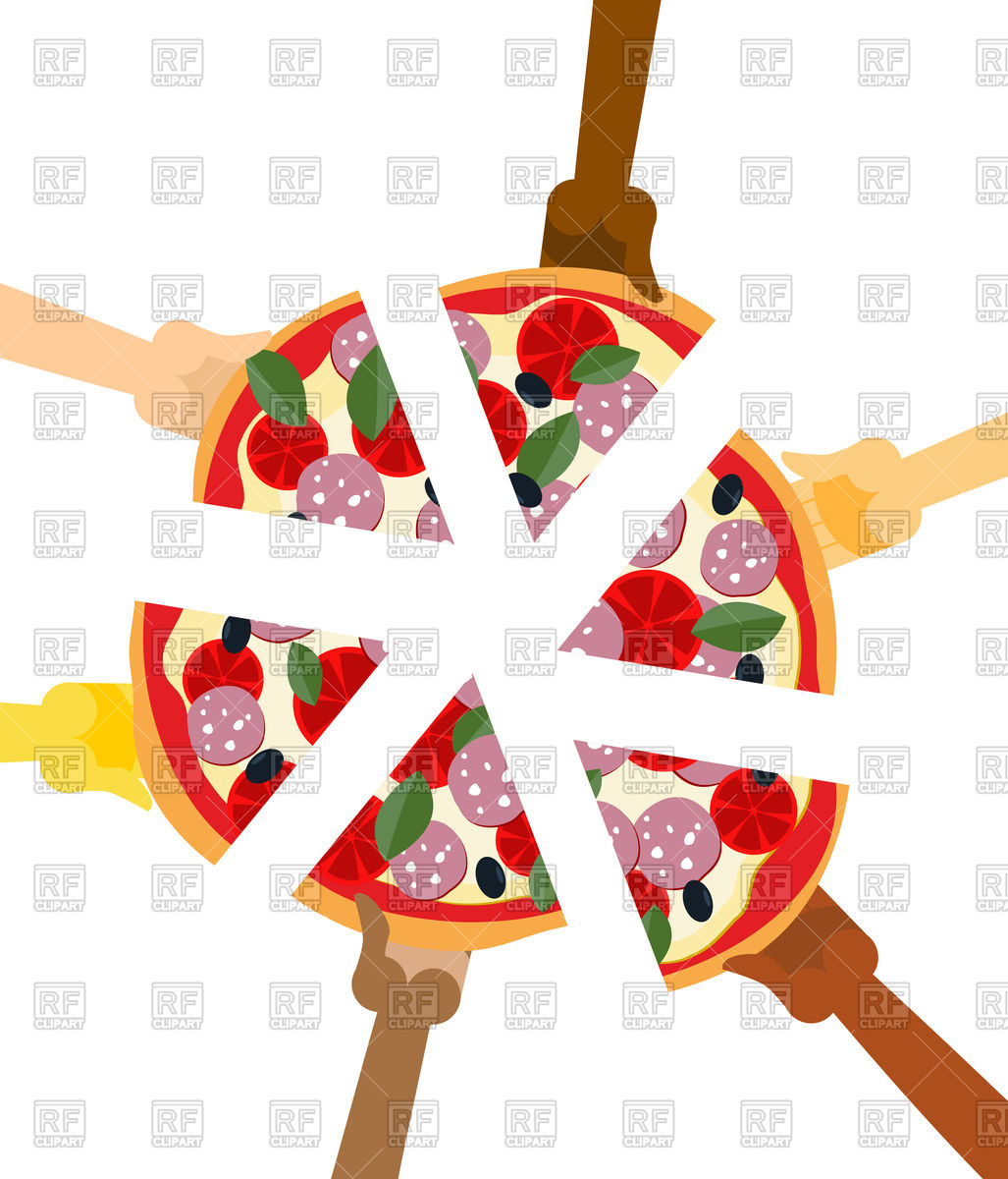 1027x1200 People Eating Pizza. Hands Holding Slice Of Pie. Vector Image