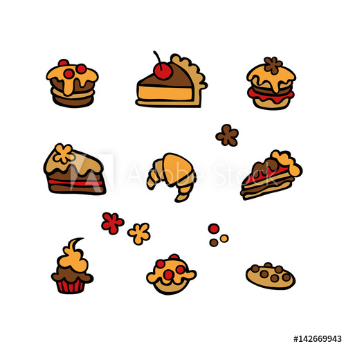500x500 Baking Cupcake, Muffin, Pie Slice, Cookies, Cake. Isolated Vector