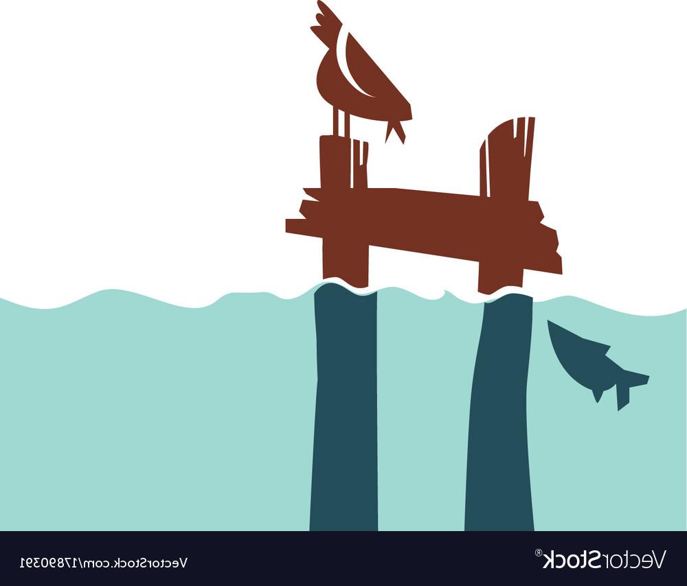 1000x854 Simple Retro Style Pier With Bird And Fish Vector