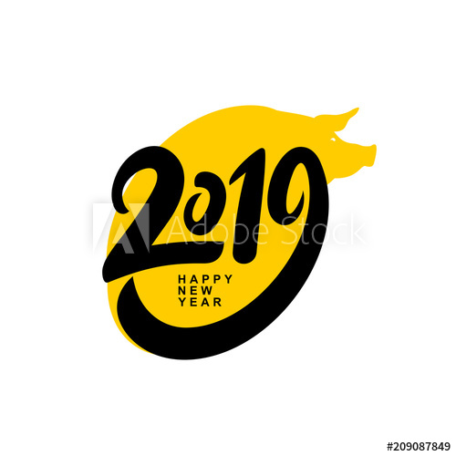 500x500 Happy New Year 2019. Card Design With Cartoon Yellow Pig Face