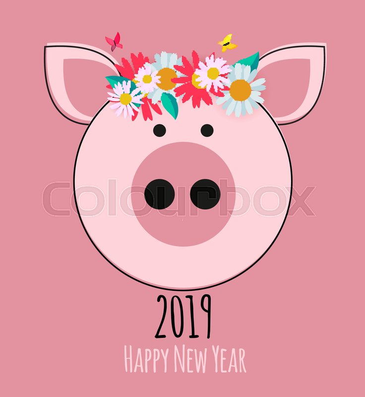 736x800 Happy New Year 2019 Cute Card Design With Cartoon Pig. Vector